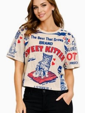 469. SWEET KITTEN Cat Graphic Cotton Crop Tee NEW